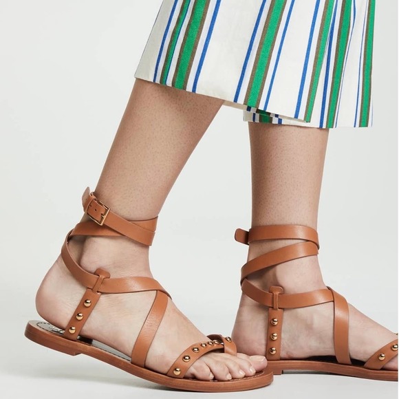 Tory Burch Ravello Studded Ankle Wrap Leather Sandals In Brown Size 8 Women's